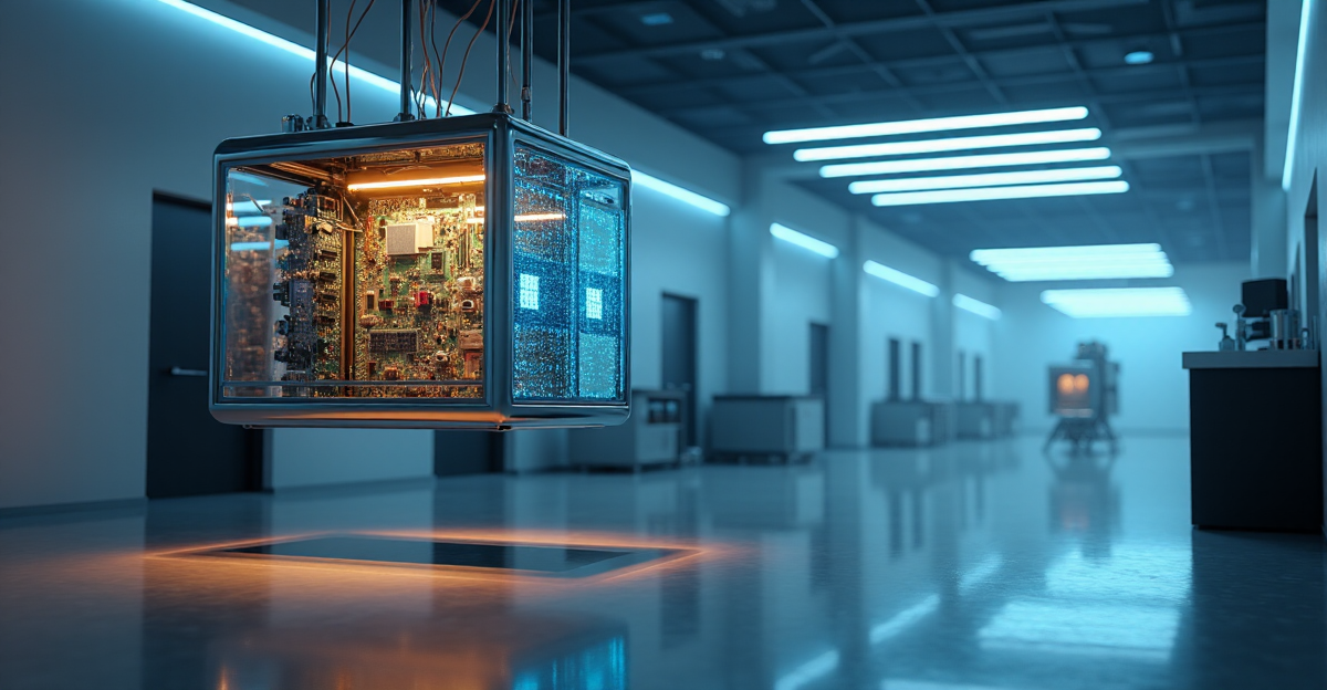 A futuristic laboratory featuring a sleek server room with glowing circuit boards and warm golden light, surrounded by cool blue tones and minimalist decor, symbolizing innovation in blockchain technology and beyond cryptocurrency applications.