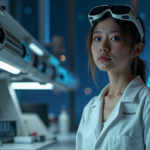 "Stay Ahead of Emerging Tech Trends: AI, Blockchain, and Space Exploration Insights" A female scientist stands confidently in a futuristic laboratory surrounded by cutting-edge technology, AI, blockchain-inspired patterns, and a spaceship model, set against a starry night sky with cryptocurrency undertones.