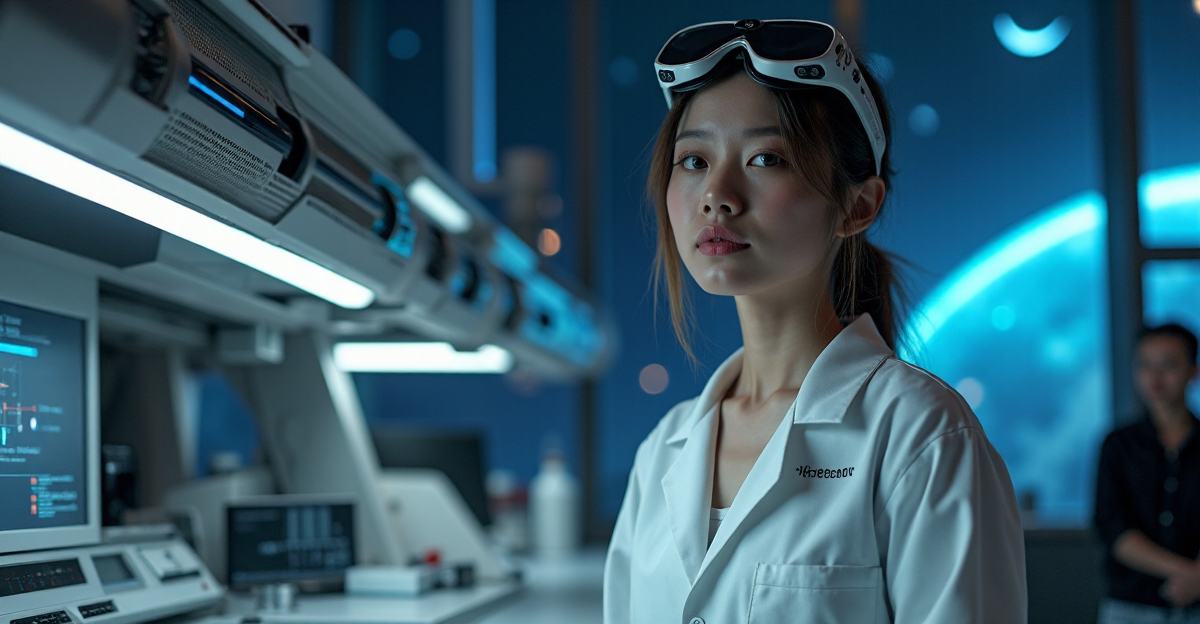 A female scientist stands confidently in a futuristic laboratory surrounded by cutting-edge technology, AI, blockchain-inspired patterns, and a spaceship model, set against a starry night sky with cryptocurrency undertones.
