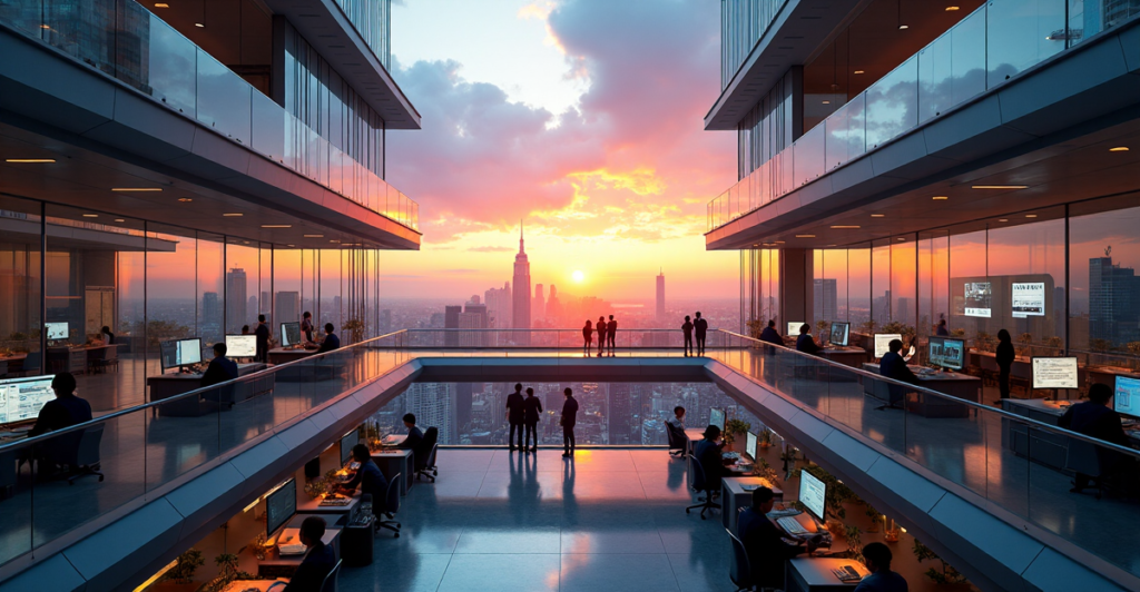 "A futuristic corporate office building at sunset, reflecting vibrant colors, with employees in business attire collaborating amidst cutting-edge technology, symbolizing crypto adoption trends 2025."