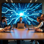 "Smart Contracts Revolutionizing Modern Transactions: Unlocking Efficiency and Transparency in Business" A group of business professionals analyze cryptocurrency transactions on laptops and tablets in a modern conference room with a blockchain network display.