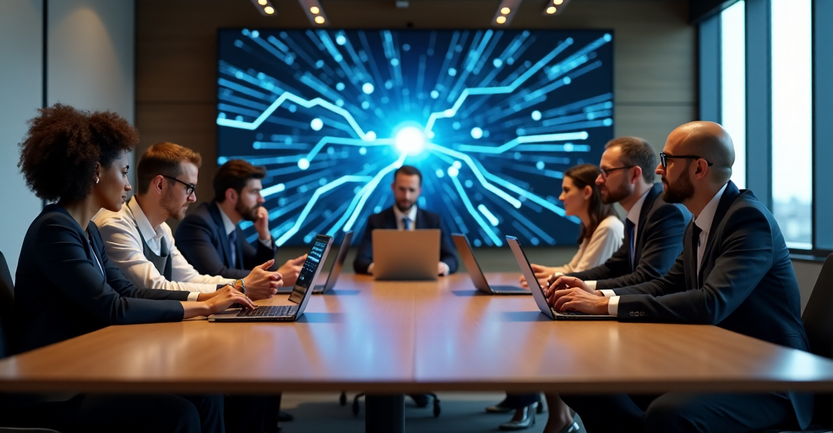 A group of business professionals analyze cryptocurrency transactions on laptops and tablets in a modern conference room with a blockchain network display.