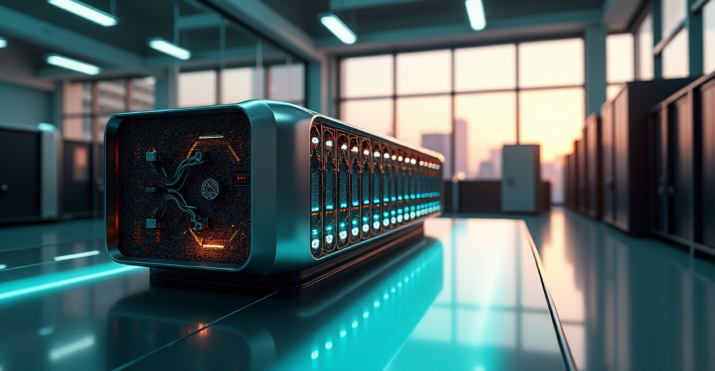 A futuristic laboratory with a sleek cryptocurrency mining rig at its center, surrounded by high-tech equipment and natural light.