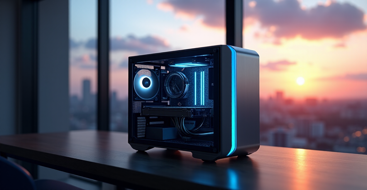 A close-up of a sleek, silver cryptocurrency mining rig on a dark wood desk with ambient blue light and cityscape in the background.