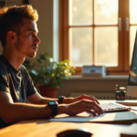 "A young adult sits at a wooden desk, focused on blockchain-related research with crypto adoption trends 2025 notes scattered around."