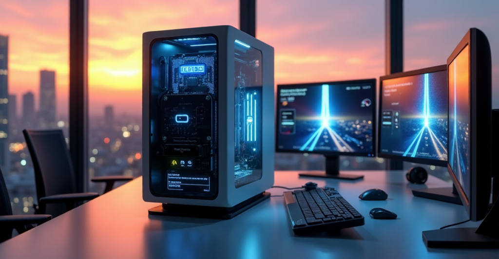 "A high-tech gaming console with integrated cryptocurrency mining rig sits on a minimalist desk amidst a futuristic setup, surrounded by screens displaying blockchain-based games and cryptocurrencies."