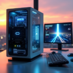 "Transforming Gaming with Cryptocurrency: Blockchain's Impact on the Industry" "A high-tech gaming console with integrated cryptocurrency mining rig sits on a minimalist desk amidst a futuristic setup, surrounded by screens displaying blockchain-based games and cryptocurrencies."