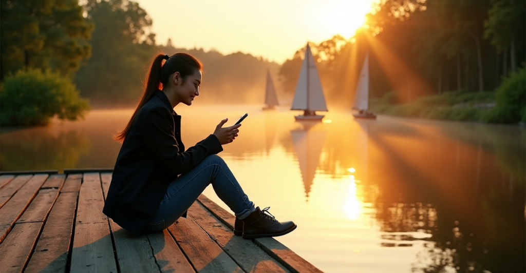 "A young Asian woman sits on a wooden dock overlooking a serene lake at sunset, symbolizing hope and optimism in crypto adoption trends 2025."