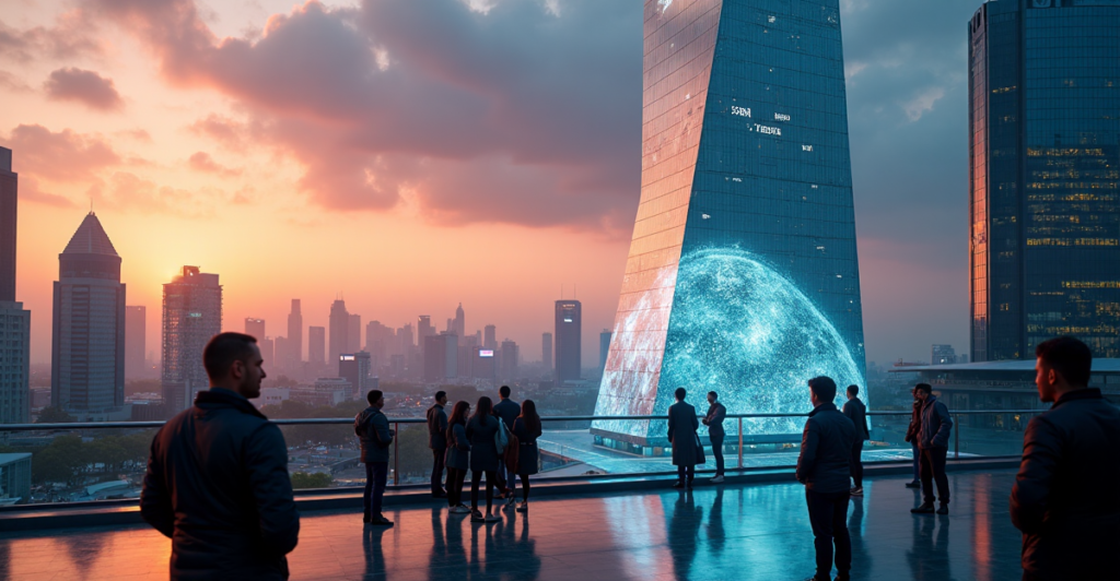 "A futuristic cityscape at dusk, with a silver skyscraper reflecting sunset hues, surrounded by people discussing cryptocurrency trends on a holographic display."