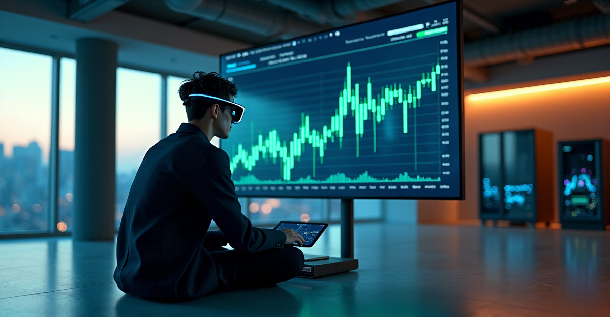 A photorealistic image of a modern trading floor with a young investor using augmented reality glasses and analyzing cryptocurrency market fluctuations on a large screen and tablet.