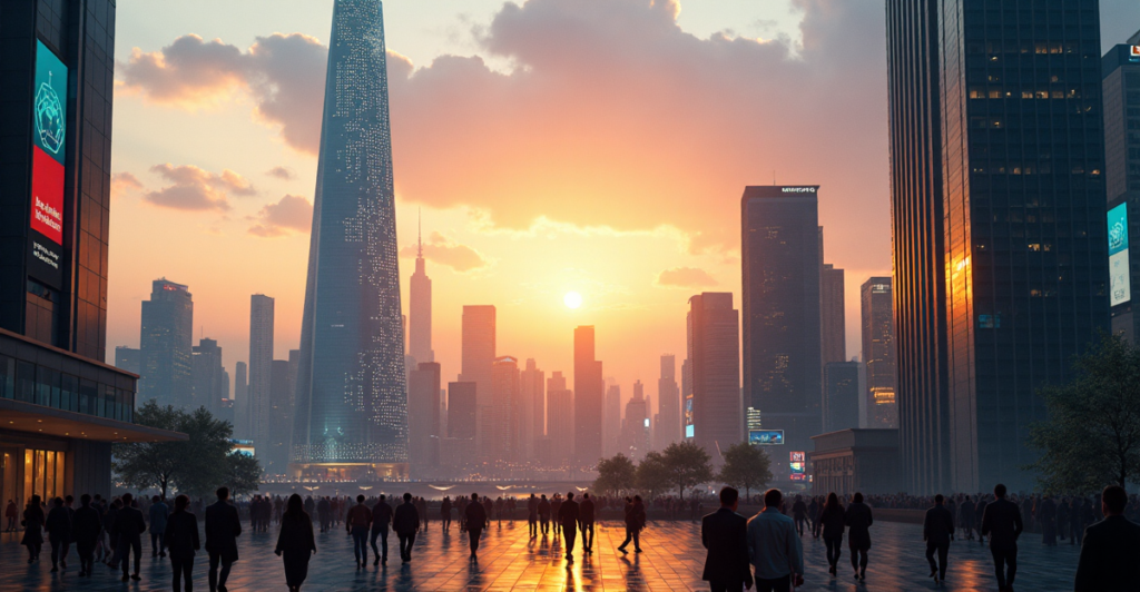 "A futuristic cityscape at dusk featuring a sleek skyscraper with intricate blockchain patterns, symbolizing crypto adoption trends 2025."