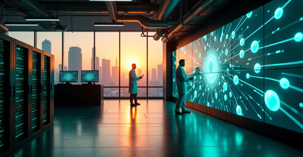 "A futuristic laboratory scene featuring a scientist near a large computer screen displaying a 3D blockchain network with glowing orbs, surrounded by servers and cityscape at sunset."