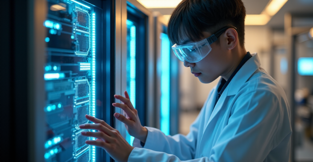 "A young scientist in a lab coat examines a sleek cryptocurrency mining rig with glowing LED lights and intricate circuit boards."