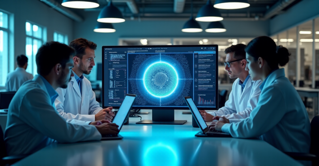 "Scientists gathered around a computer screen displaying a 3D molecular model of a revolutionary new material, potentially impacting industries beyond cryptocurrency."