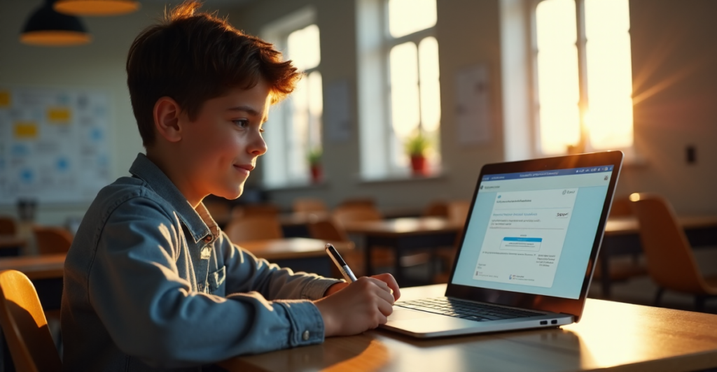 "A young student sits at a desk, intensely focused on a blockchain-based educational platform on their laptop, surrounded by a modern classroom with natural light."