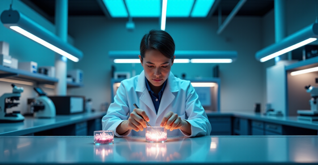 A scientist in a lab coat examines glowing particles with tweezers, surrounded by cutting-edge equipment, amidst a blue-hued backdrop of innovation and technology, reflecting the growing interest in crypto adoption trends 2025.