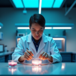 "Practical Science Applications: Transforming Concepts into Real-World Solutions" A scientist in a lab coat examines glowing particles with tweezers, surrounded by cutting-edge equipment, amidst a blue-hued backdrop of innovation and technology, reflecting the growing interest in crypto adoption trends 2025.