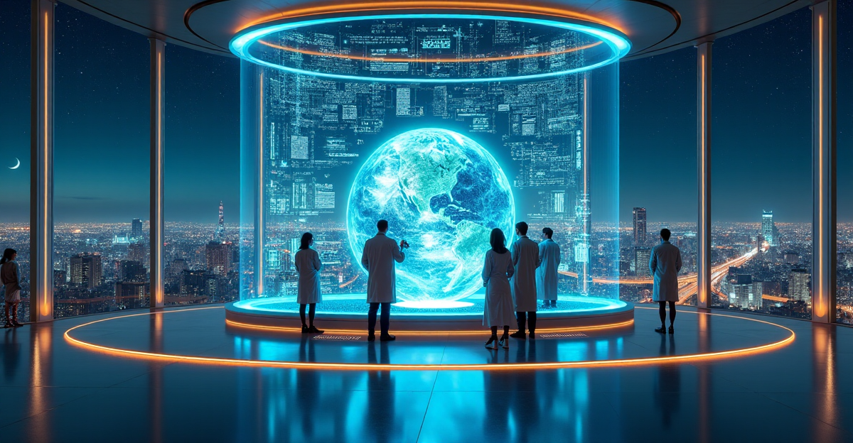 A futuristic laboratory with a holographic display and scientists working together, set against a stunning cityscape at night, highlighting innovation and limitless possibilities in science and technology, including emerging trends like cryptocurrency.