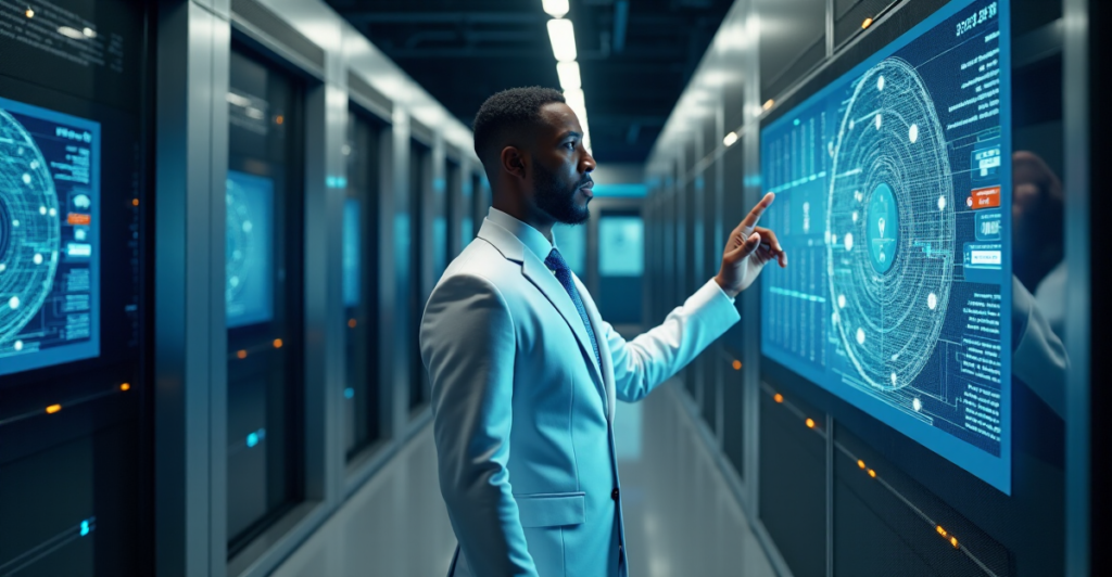 "A government official stands confidently in front of a digital screen displaying complex cryptocurrency market dynamics, surrounded by humming servers and high-tech equipment."