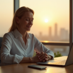 "Enhancing Transparency in Non-Profit Organizations through Cryptocurrency Adoption" "A middle-aged woman sits at a wooden desk, laptop displaying blockchain transaction, surrounded by natural light and cityscape."