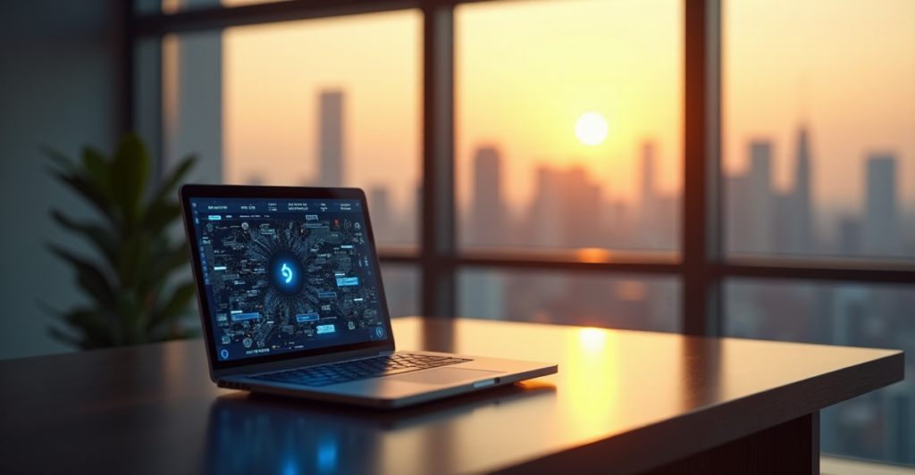 A sleek cryptocurrency exchange terminal in a modern office environment, symbolizing blockchain technology's potential to drive business innovation.