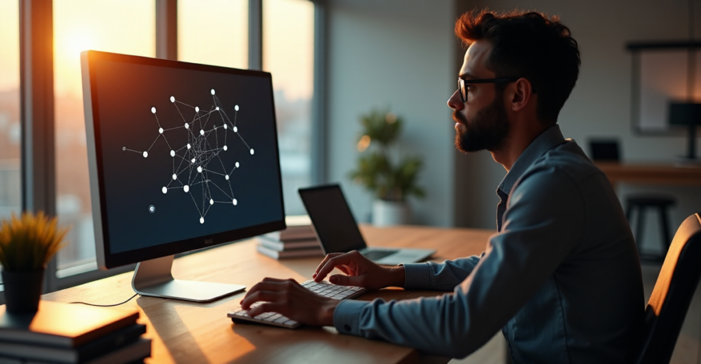 "A person sits at a wooden desk, contemplating blockchain technology with a computer monitor displaying a network diagram in front of them."