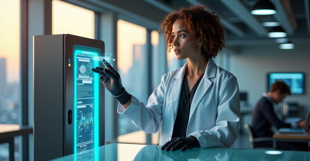 "A woman in a lab coat and business suit interacts with blockchain technology, surrounded by futuristic equipment and cityscape at sunset."