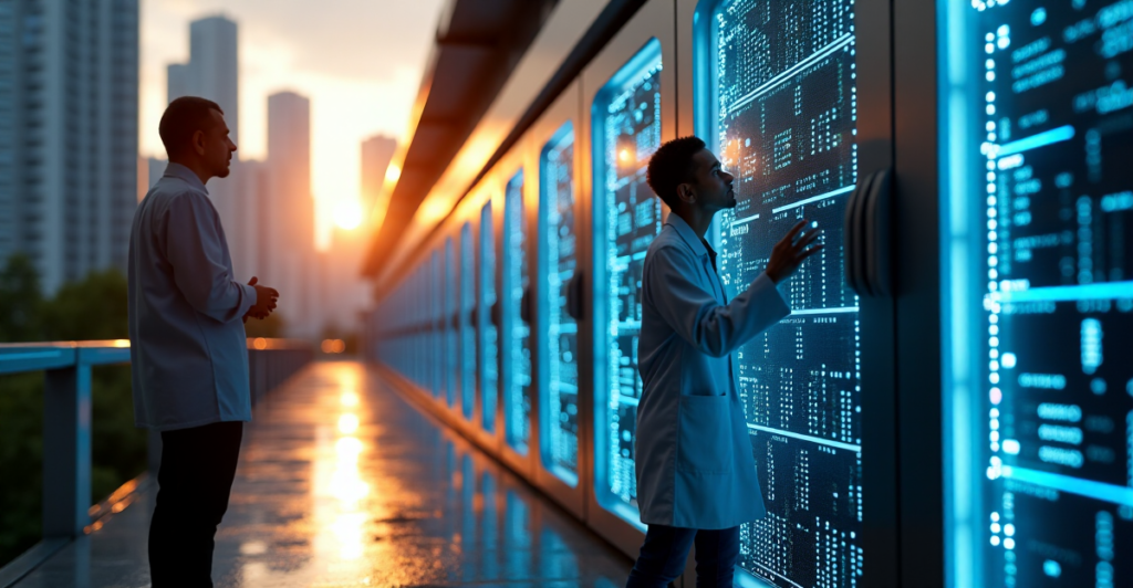 A scientist stands beside a futuristic blockchain data storage server in a laboratory against a cityscape backdrop at dusk, surrounded by cryptocurrency technology.