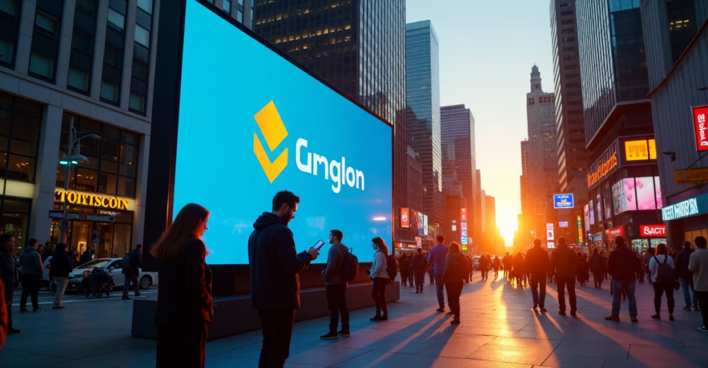 "A bustling city street at sunset, showcasing diverse individuals using mobile devices to access crypto wallets and trade cryptocurrencies amidst a vibrant cityscape."