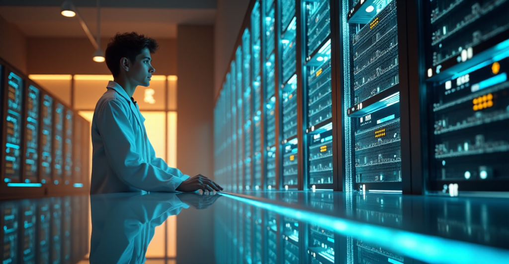 "A young scientist stands in a futuristic laboratory surrounded by cryptocurrency mining equipment, server racks, and a large display of blockchain data."