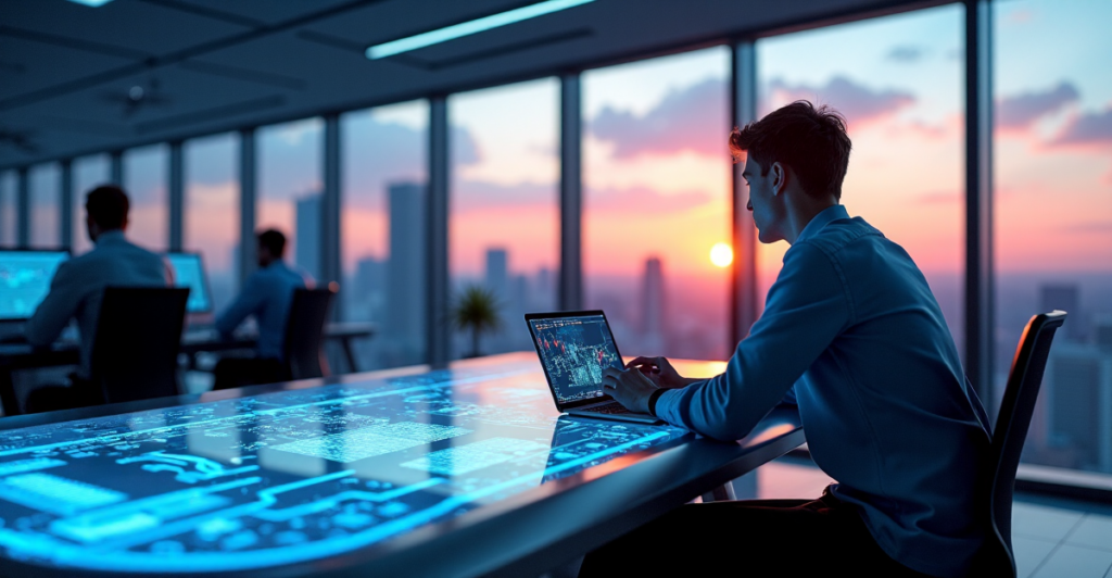 A young professional sits in front of a high-tech cryptocurrency trading terminal in a modern office space with floor-to-ceiling windows offering a cityscape view at sunset.