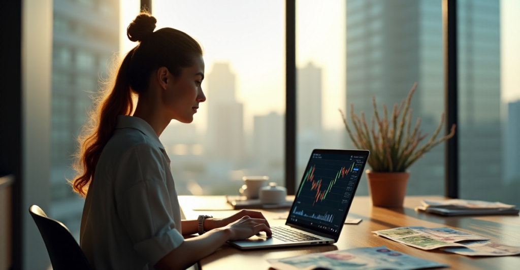 "A young woman sits in a high-tech office, intensely focused on a cryptocurrency exchange platform on her laptop, surrounded by international currencies and financial documents."
