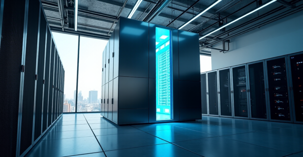 A futuristic data center featuring a massive blockchain server surrounded by humming servers and computer equipment in a dimly lit room with a blue glow emanating from within, symbolizing hope for a brighter cryptocurrency-driven digital economy.