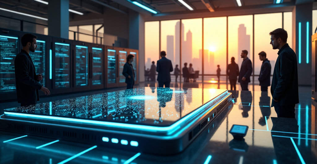 A futuristic laboratory scene featuring scientists around a massive blockchain supercomputer amidst rows of servers and cityscape at dusk, conveying excitement and anticipation for crypto adoption trends 2025.