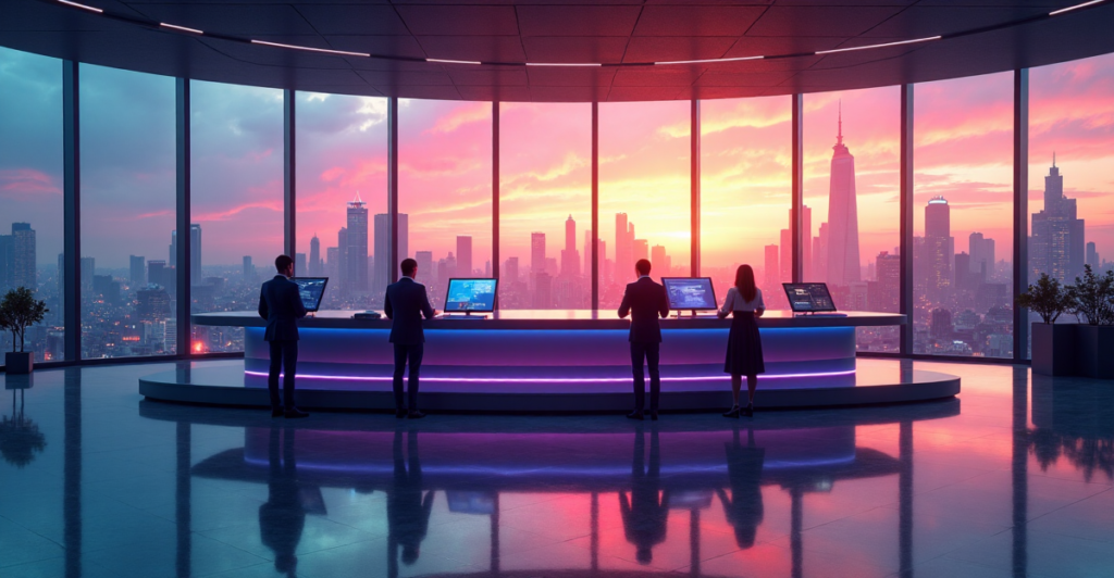 A futuristic trading floor with a sleek cryptocurrency exchange terminal at its center, surrounded by business professionals focused on screens amidst a cityscape at dusk.
