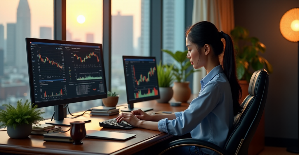 "A young Asian woman sits at a cluttered desk, surrounded by computer screens displaying cryptocurrency exchange platforms and project management tools, with a determined expression."