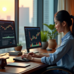 "A young Asian woman sits at a cluttered desk, surrounded by computer screens displaying cryptocurrency exchange platforms and project management tools, with a determined expression."
