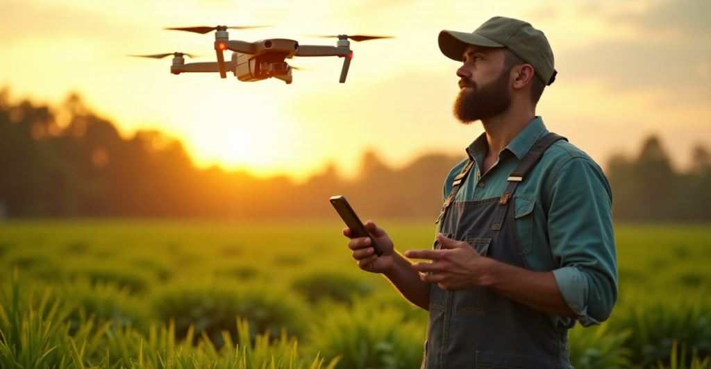 "A farmer stands proudly in a lush field, smartphone displaying blockchain-based agricultural platform, with a drone capturing real-time data overhead."