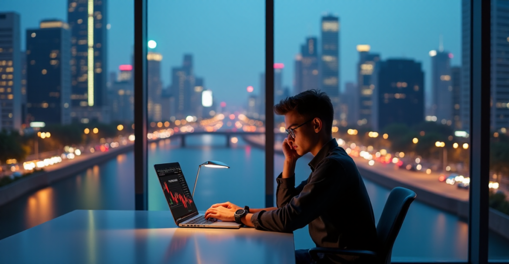 "A young adult sits in a high-end office chair, focused on a laptop displaying cryptocurrency data amidst a futuristic cityscape at dusk."
