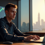 A young entrepreneur sits confidently at a minimalist desk in a modern office space, surrounded by screens displaying real-time crypto market data, with a cityscape visible through floor-to-ceiling windows, poised to analyze crypto adoption trends 2025.