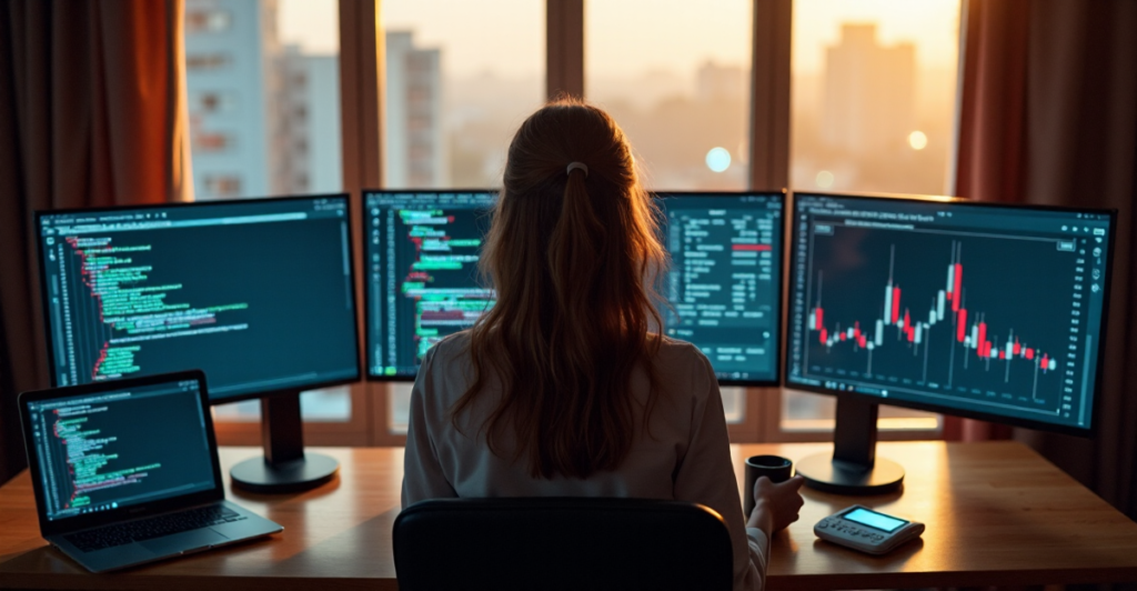 A young woman sits confidently at a wooden desk, surrounded by computer screens displaying blockchain data and cryptocurrency charts, with a laptop open to coding software in front of her.