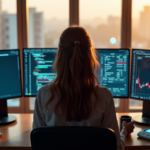 A young woman sits confidently at a wooden desk, surrounded by computer screens displaying blockchain data and cryptocurrency charts, with a laptop open to coding software in front of her.