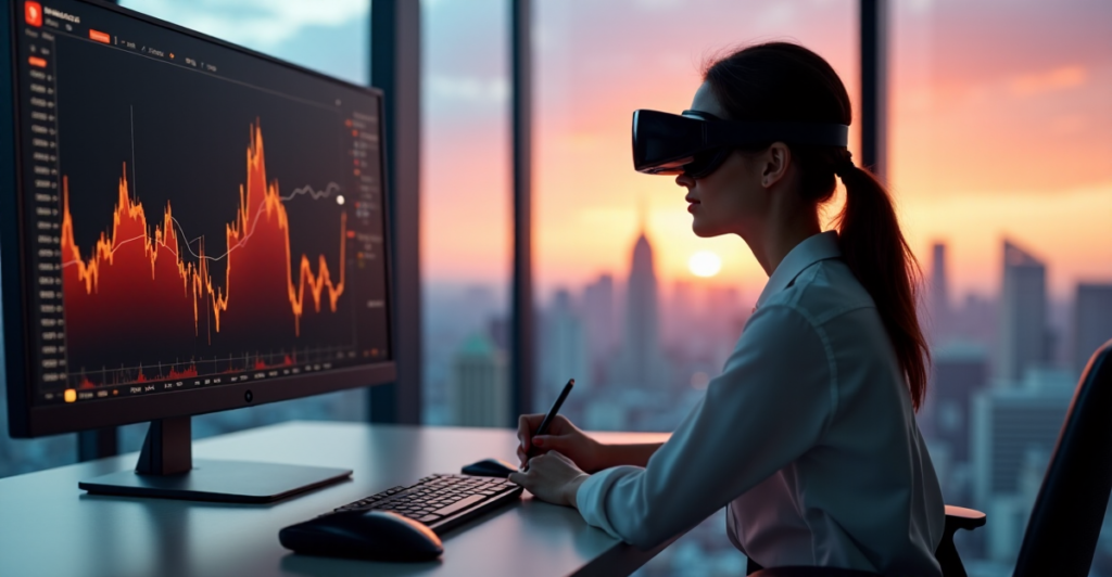 "A young woman in a modern office setting intensely monitors cryptocurrency market charts on her computer screen while wearing augmented reality glasses."