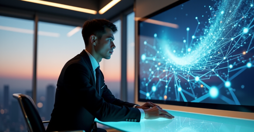 "A young professional in a sleek black business suit sits confidently in front of a massive digital screen displaying an intricate blockchain network, surrounded by a modern office space with breathtaking city views at dusk."