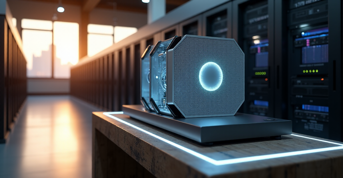 A sleek cryptocurrency mining rig on a reclaimed wood desk in an industrial server room with warm golden hour light and soft blue accents.