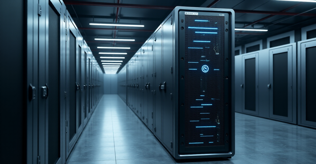 "High-tech data center featuring a large blockchain node server with ruggedized exterior and glowing blue LED lights, surrounded by humming servers and state-of-the-art cybersecurity equipment in a climate-controlled room."