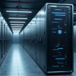 "High-tech data center featuring a large blockchain node server with ruggedized exterior and glowing blue LED lights, surrounded by humming servers and state-of-the-art cybersecurity equipment in a climate-controlled room."