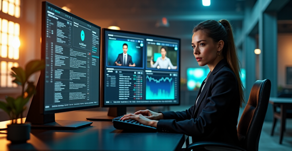 "A young woman sits confidently at a high-tech workstation in a modern media studio, surrounded by screens displaying cryptocurrency market data and news feeds, symbolizing crypto adoption trends 2025."