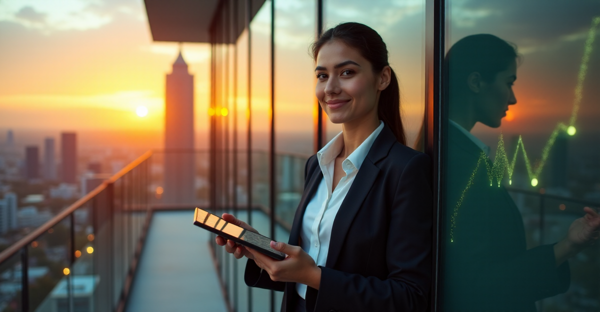 A young woman stands confidently in front of a modern office building, embracing her vision with one hand on the glass wall while holding a tablet displaying cryptocurrency values, set against a warm golden hour light.