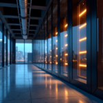 "A modern data center with rows of humming servers and sleek equipment, surrounded by a dark gray industrial environment, with a glass wall separating it from a nighttime cityscape."